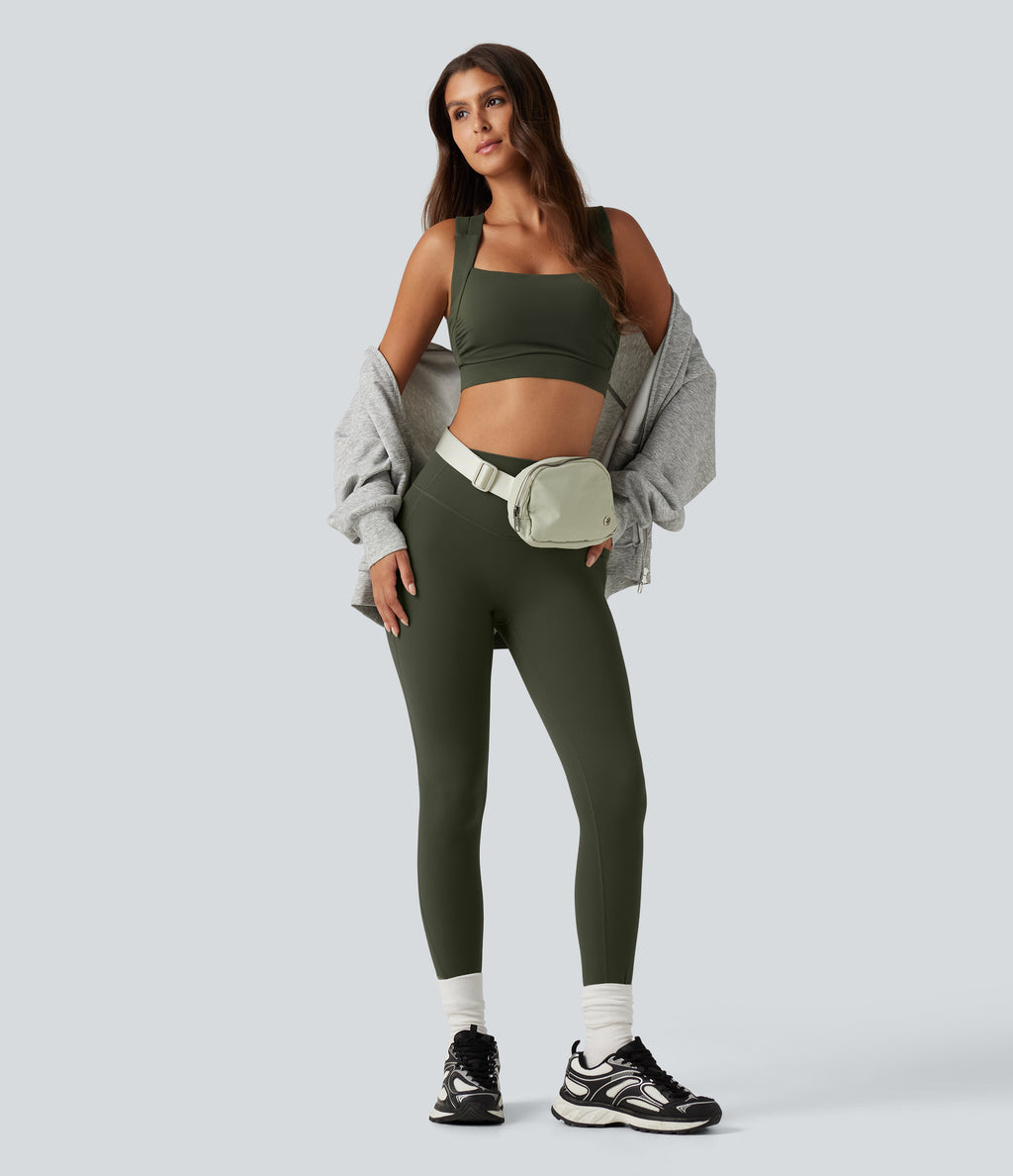Medium Support Round Neck Built-in Bra Training Sports Bra — Deep Woodland Green — view 6