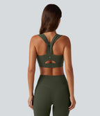 Medium Support Round Neck Built-in Bra Training Sports Bra — Deep Woodland Green — view 3