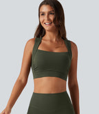 Medium Support Round Neck Built-in Bra Training Sports Bra — Deep Woodland Green — view 5