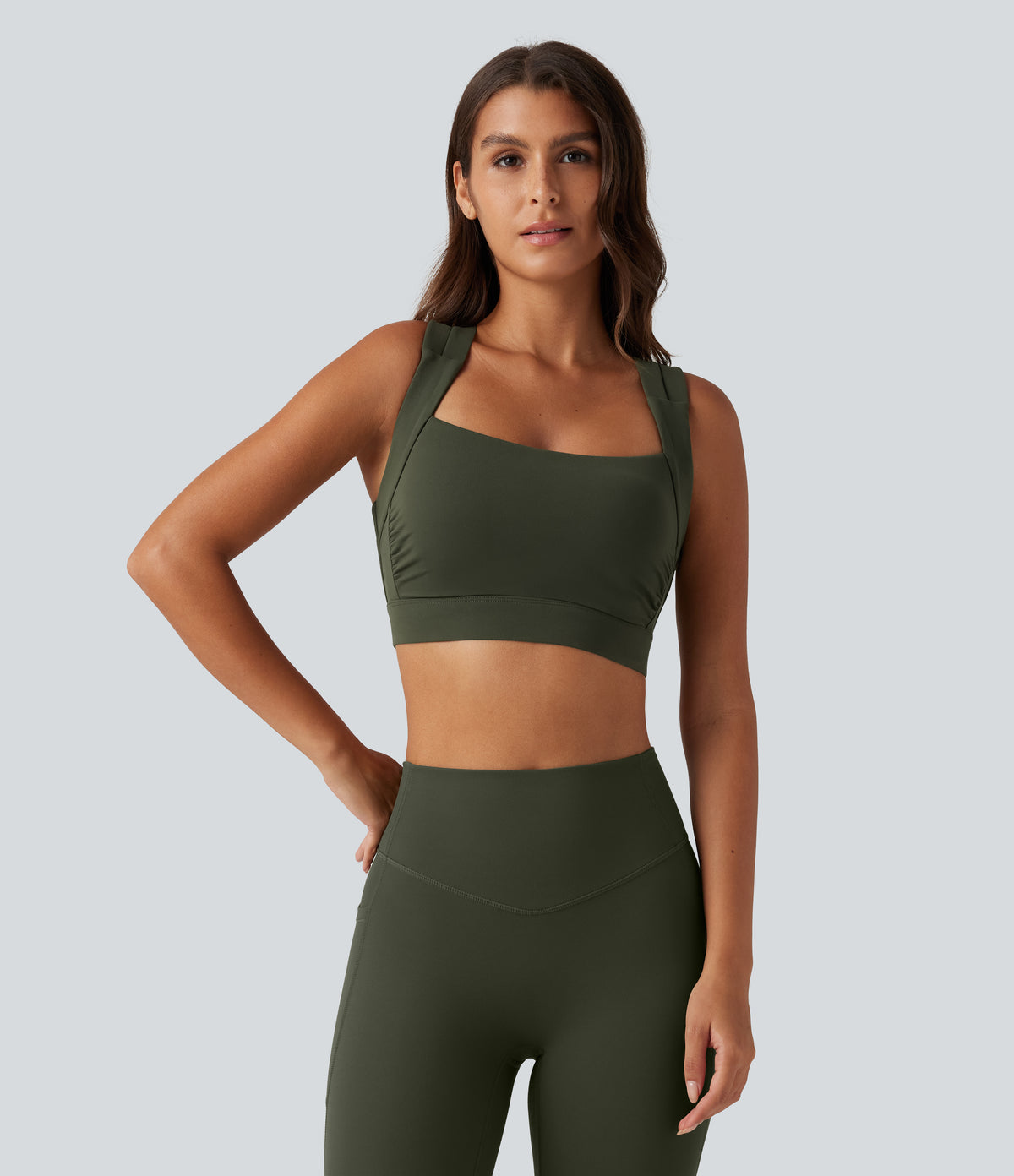 Medium Support Round Neck Built-in Bra Training Sports Bra — Deep Woodland Green — view 2