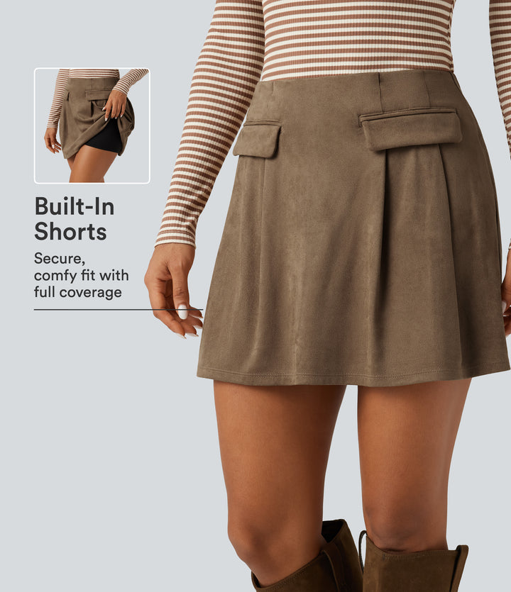 High Waisted A-Line 2-in-1 Suede Mini Casual Skirt — Coca Mocha — view 1
