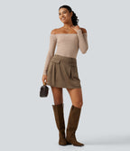 High Waisted A-Line 2-in-1 Suede Mini Casual Skirt — Coca Mocha — view 8