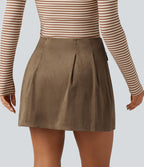 High Waisted A-Line 2-in-1 Suede Mini Casual Skirt — Coca Mocha — view 2