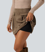 High Waisted A-Line 2-in-1 Suede Mini Casual Skirt — Coca Mocha — view 6
