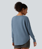 Round Neck Bishop Long Sleeve Curved Hem Casual Jumper — Bering Sea — view 2