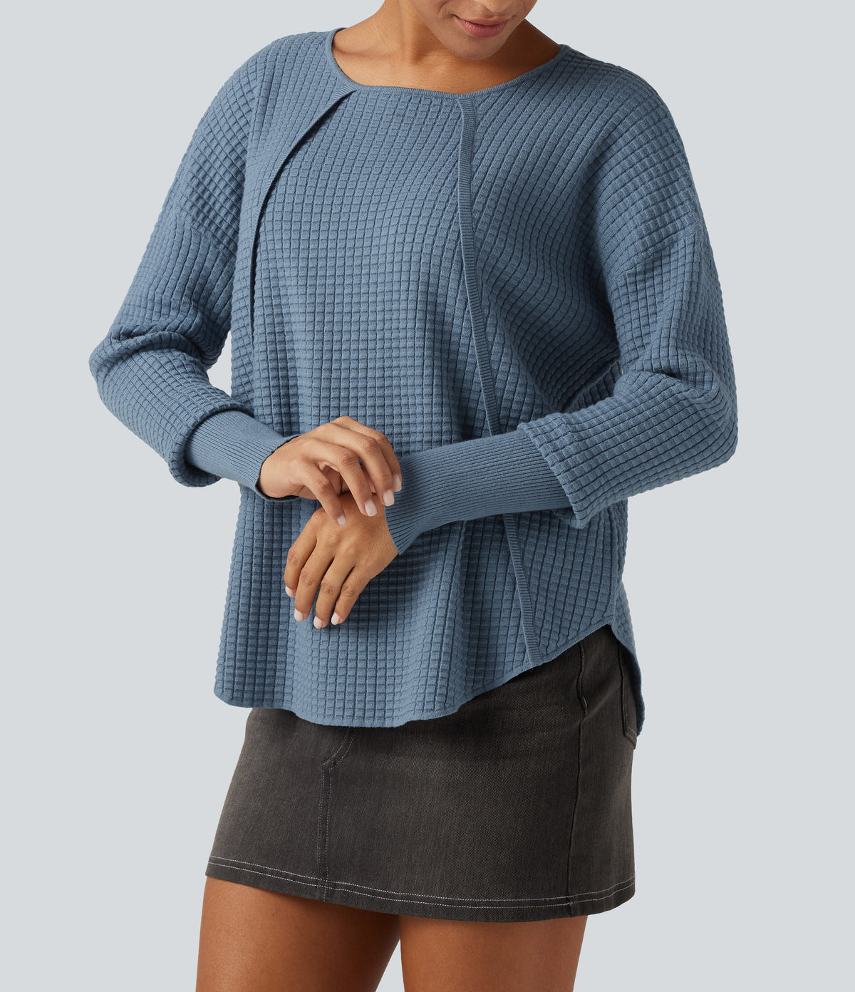 Round Neck Bishop Long Sleeve Curved Hem Casual Jumper — Bering Sea — view 5