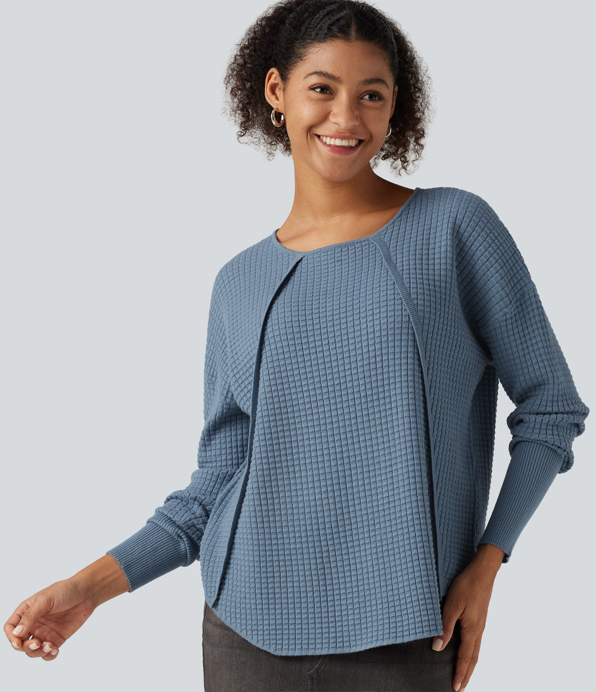 Round Neck Bishop Long Sleeve Curved Hem Casual Jumper — Bering Sea — view 4