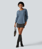 Round Neck Bishop Long Sleeve Curved Hem Casual Jumper — Bering Sea — view 7