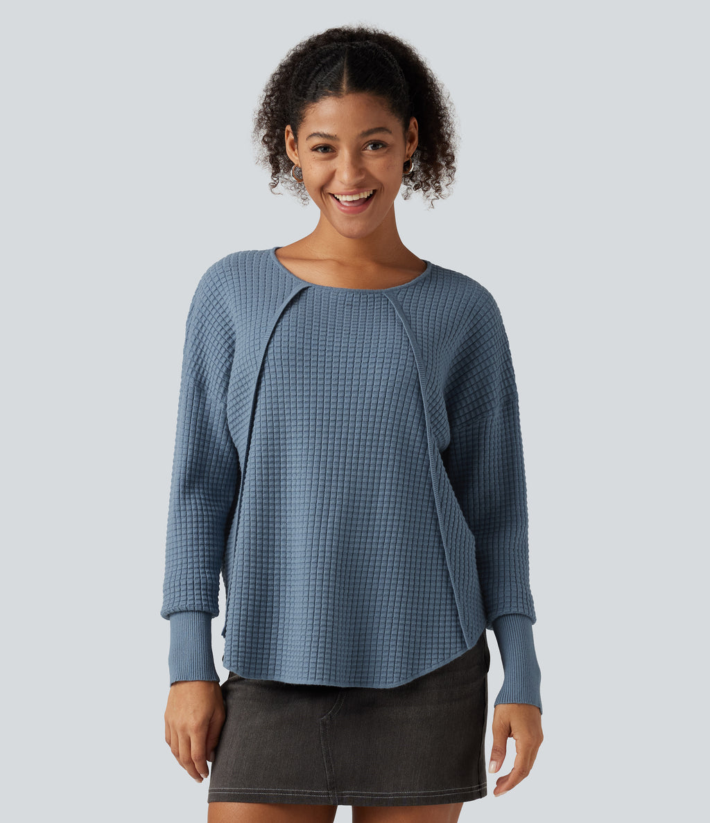 Round Neck Bishop Long Sleeve Curved Hem Casual Jumper — Bering Sea — view 1