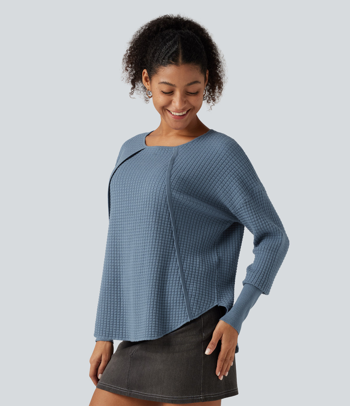 Round Neck Bishop Long Sleeve Curved Hem Casual Jumper — Bering Sea — view 3