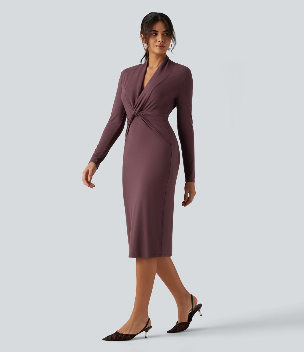 V Neck Long Sleeve Twisted Bodycon A-Line Midi Party Dress — Brown Stone — view 3