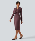 V Neck Long Sleeve Twisted Bodycon A-Line Midi Party Dress — Brown Stone — view 3