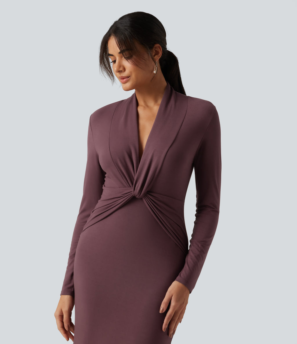 V Neck Long Sleeve Twisted Bodycon A-Line Midi Party Dress — Brown Stone — view 4