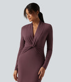 V Neck Long Sleeve Twisted Bodycon A-Line Midi Party Dress — Brown Stone — view 4
