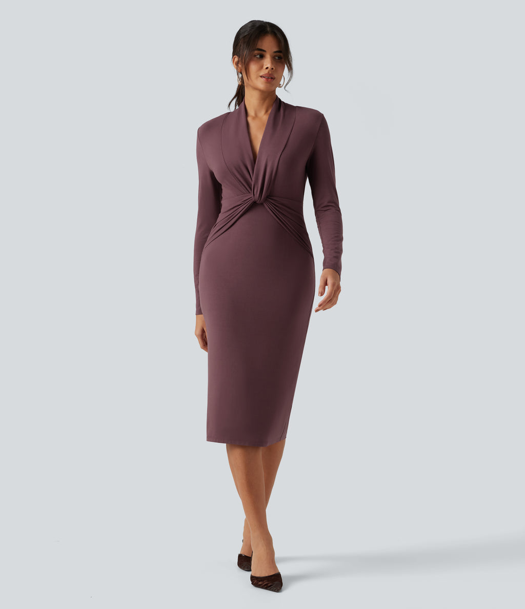 V Neck Long Sleeve Twisted Bodycon A-Line Midi Party Dress — Brown Stone — view 1