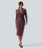 V Neck Long Sleeve Twisted Bodycon A-Line Midi Party Dress — Brown Stone — view 1