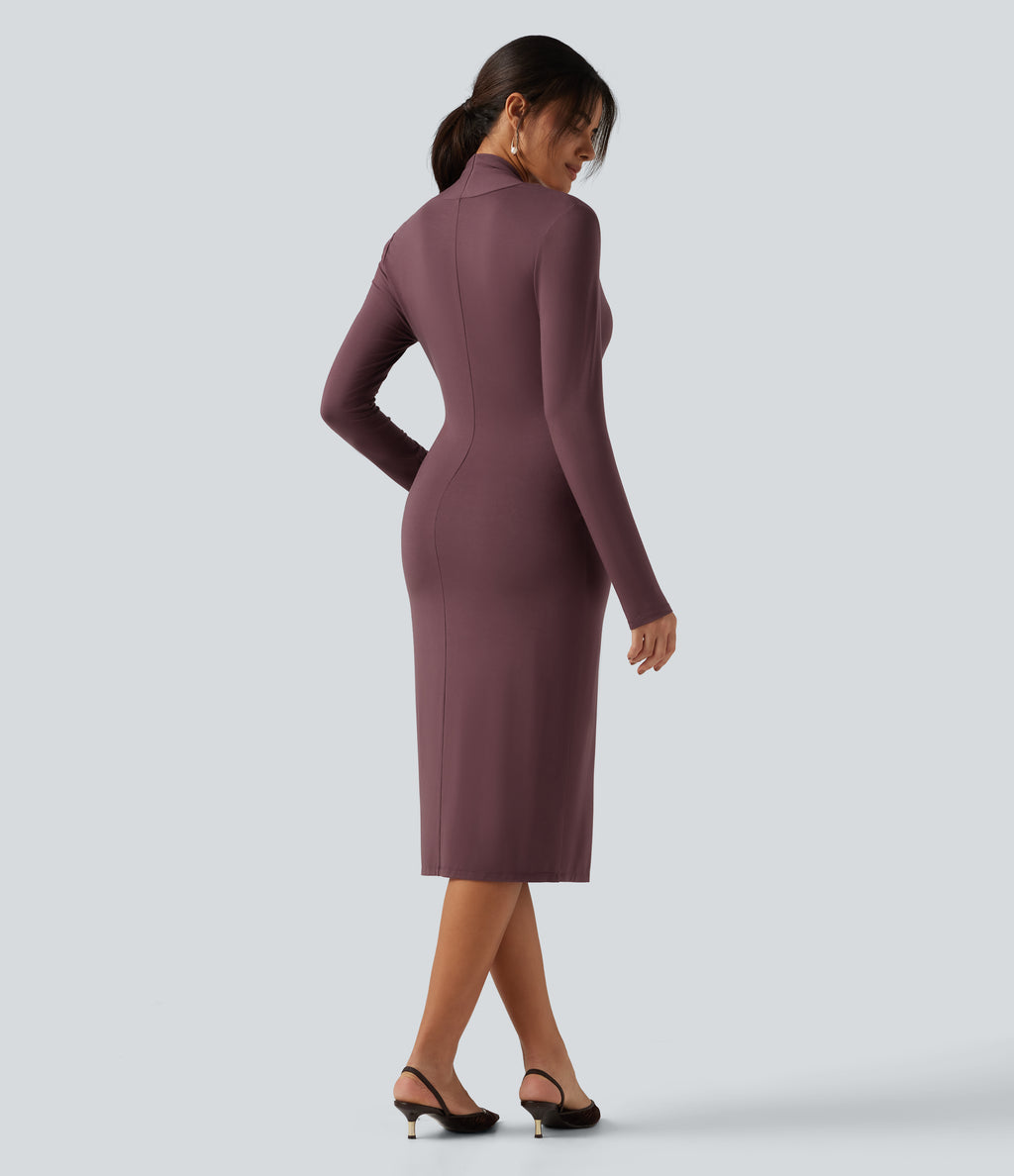 V Neck Long Sleeve Twisted Bodycon A-Line Midi Party Dress — Brown Stone — view 2