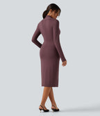 V Neck Long Sleeve Twisted Bodycon A-Line Midi Party Dress — Brown Stone — view 2