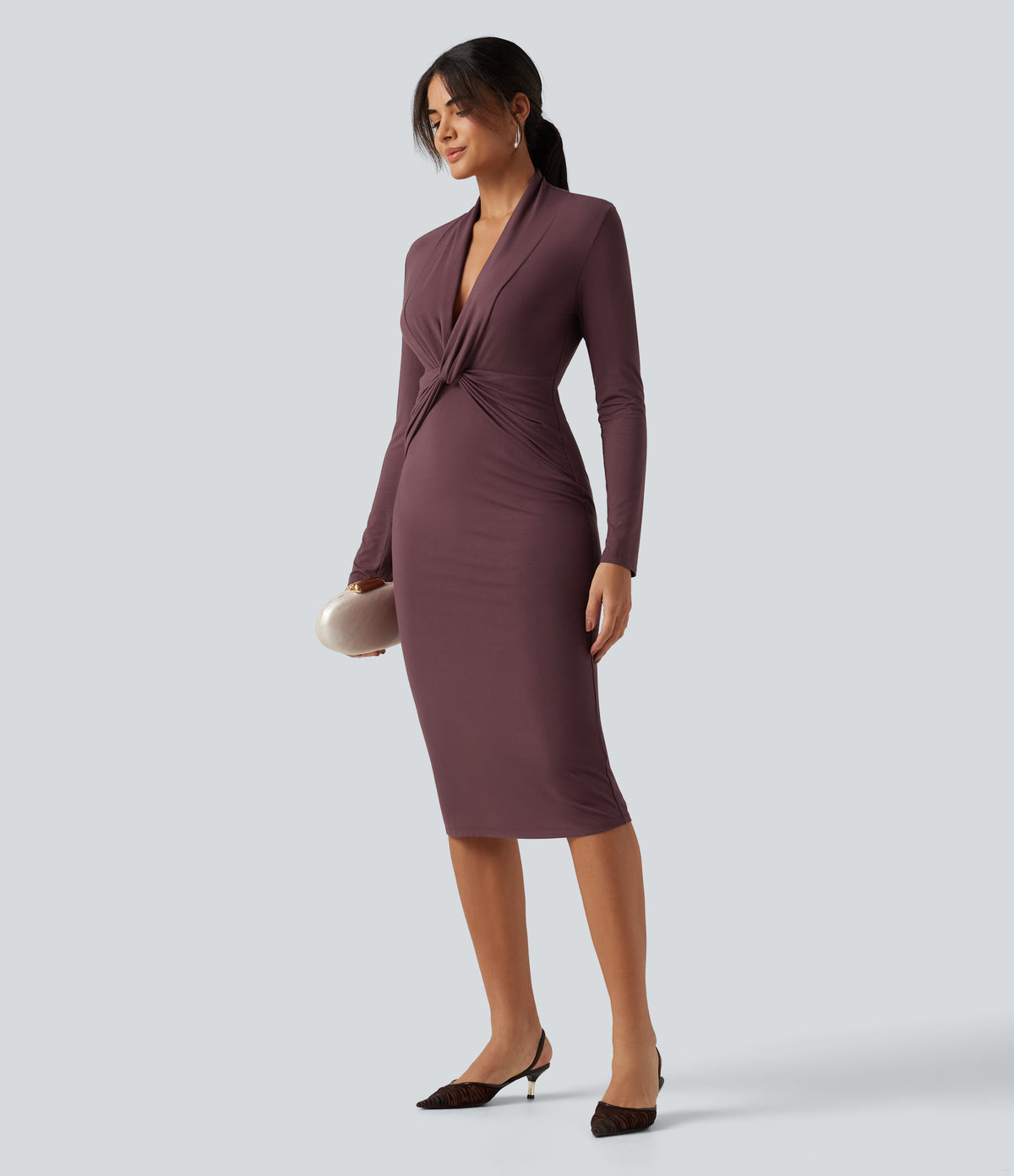 V Neck Long Sleeve Twisted Bodycon A-Line Midi Party Dress — Brown Stone — view 6