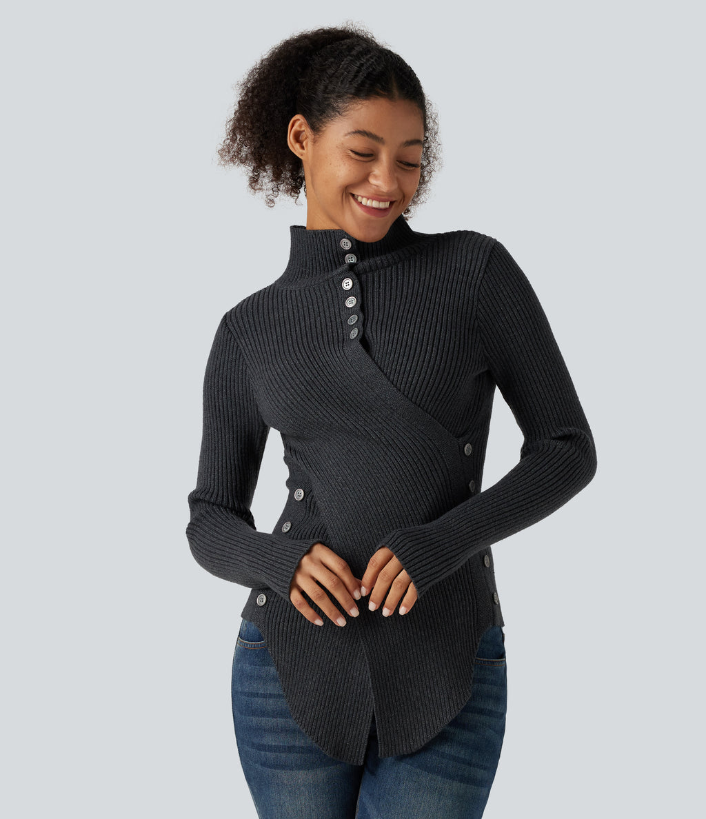 Ribbed Knit High Neck Long Sleeve Thumb Hole Crossover Hem Slim Work Jumper — Dark Grey — view 4