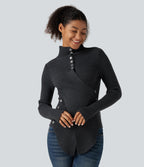 Ribbed Knit High Neck Long Sleeve Thumb Hole Crossover Hem Slim Work Jumper — Dark Grey — view 4