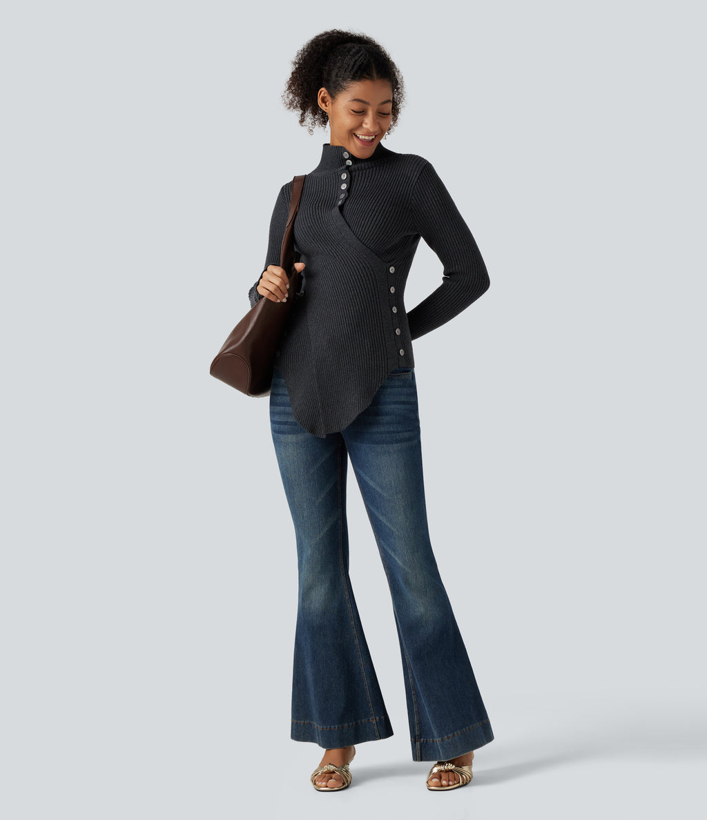 Ribbed Knit High Neck Long Sleeve Thumb Hole Crossover Hem Slim Work Jumper — Dark Grey — view 6