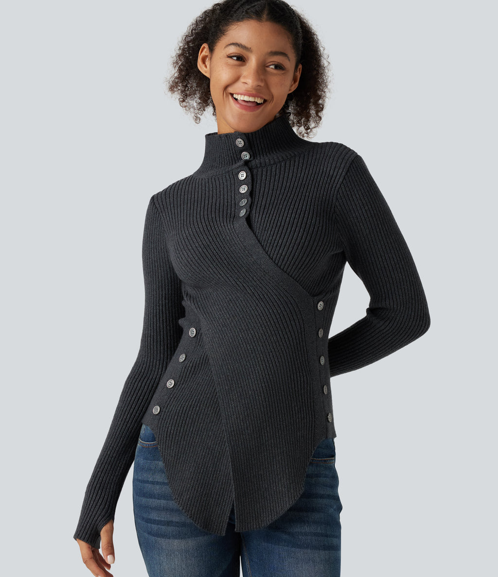 Ribbed Knit High Neck Long Sleeve Thumb Hole Crossover Hem Slim Work Jumper — Dark Grey — view 1
