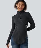 Ribbed Knit High Neck Long Sleeve Thumb Hole Crossover Hem Slim Work Jumper — Dark Grey — view 1