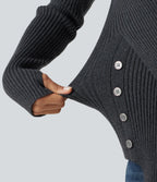 Ribbed Knit High Neck Long Sleeve Thumb Hole Crossover Hem Slim Work Jumper — Dark Grey — view 7