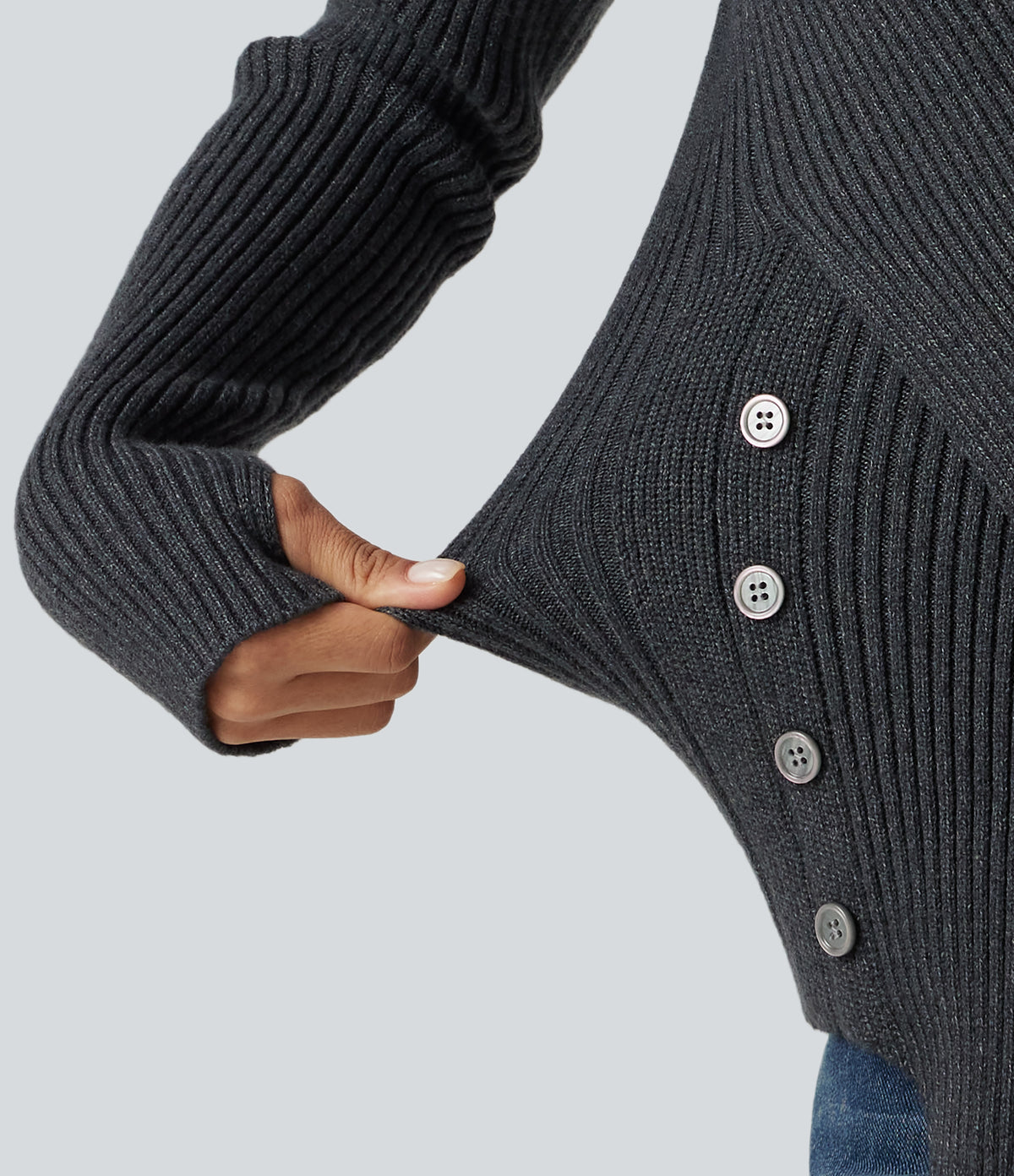Ribbed Knit High Neck Long Sleeve Thumb Hole Crossover Hem Slim Work Jumper — Dark Grey — view 7