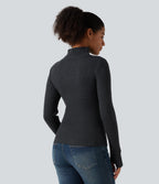 Ribbed Knit High Neck Long Sleeve Thumb Hole Crossover Hem Slim Work Jumper — Dark Grey — view 2