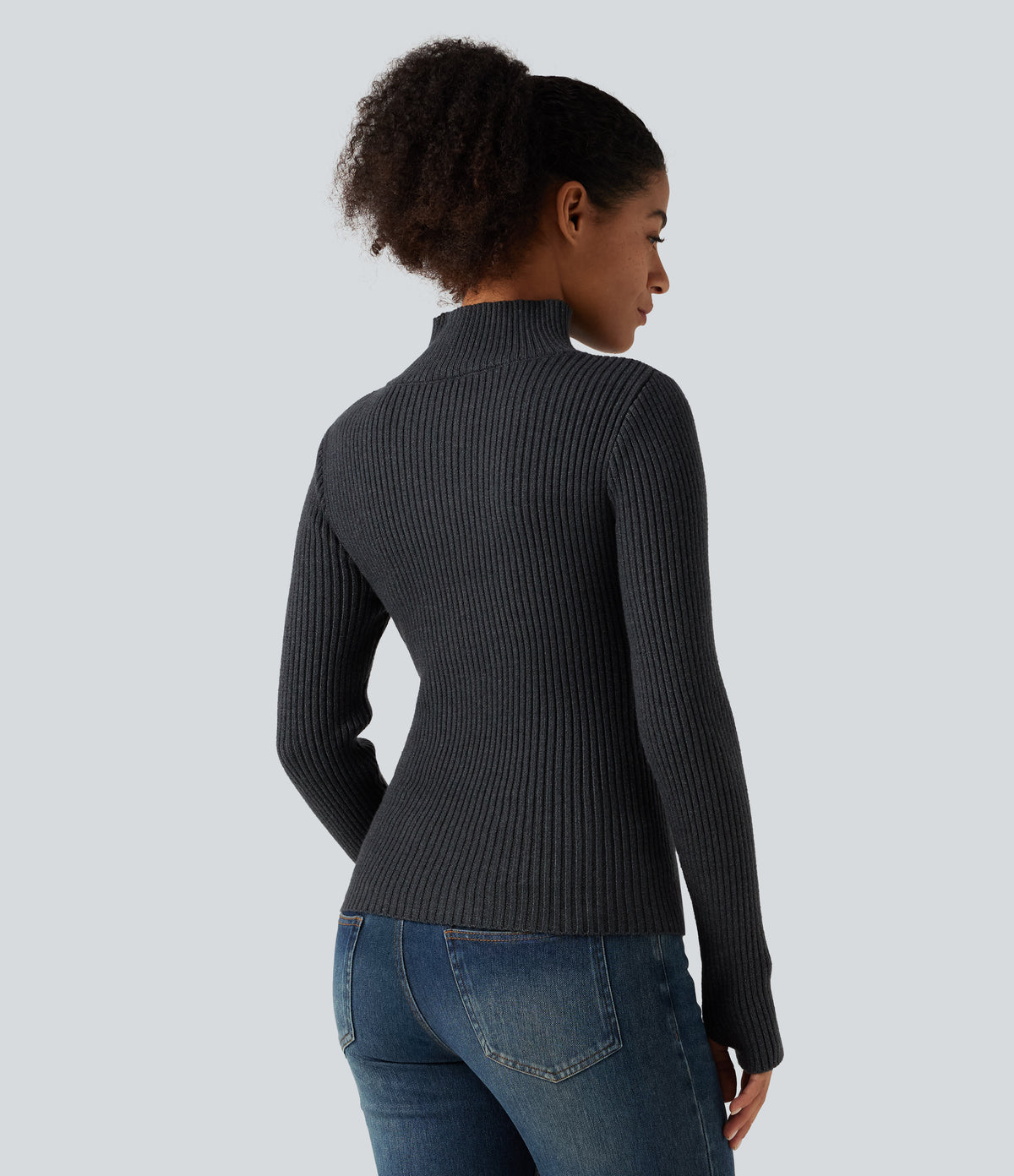Ribbed Knit High Neck Long Sleeve Thumb Hole Crossover Hem Slim Work Jumper — Dark Grey — view 2