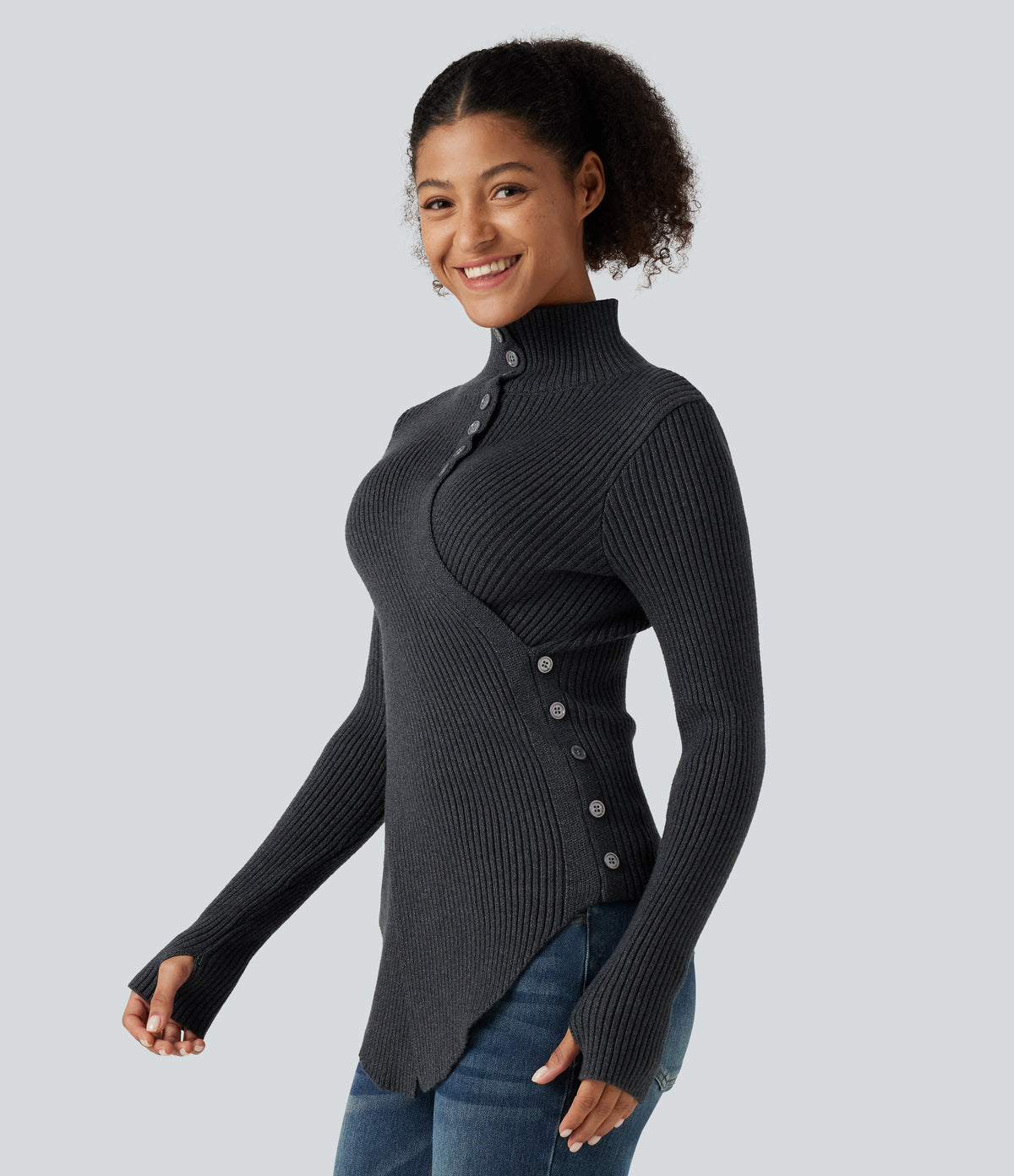 Ribbed Knit High Neck Long Sleeve Thumb Hole Crossover Hem Slim Work Jumper — Dark Grey — view 3