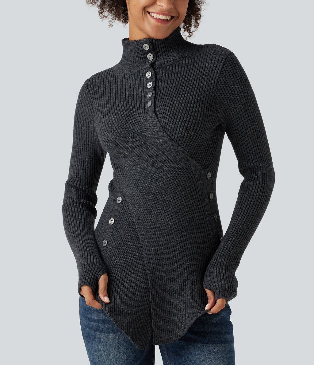 Ribbed Knit High Neck Long Sleeve Thumb Hole Crossover Hem Slim Work Jumper — Dark Grey — view 5