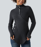 Ribbed Knit High Neck Long Sleeve Thumb Hole Crossover Hem Slim Work Jumper — Dark Grey — view 5