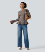 Round Neck Long Sleeve Ruffle Hem Slim Work Jumper — Cinder — view 6