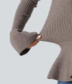 Round Neck Long Sleeve Ruffle Hem Slim Work Jumper — Cinder — view 5