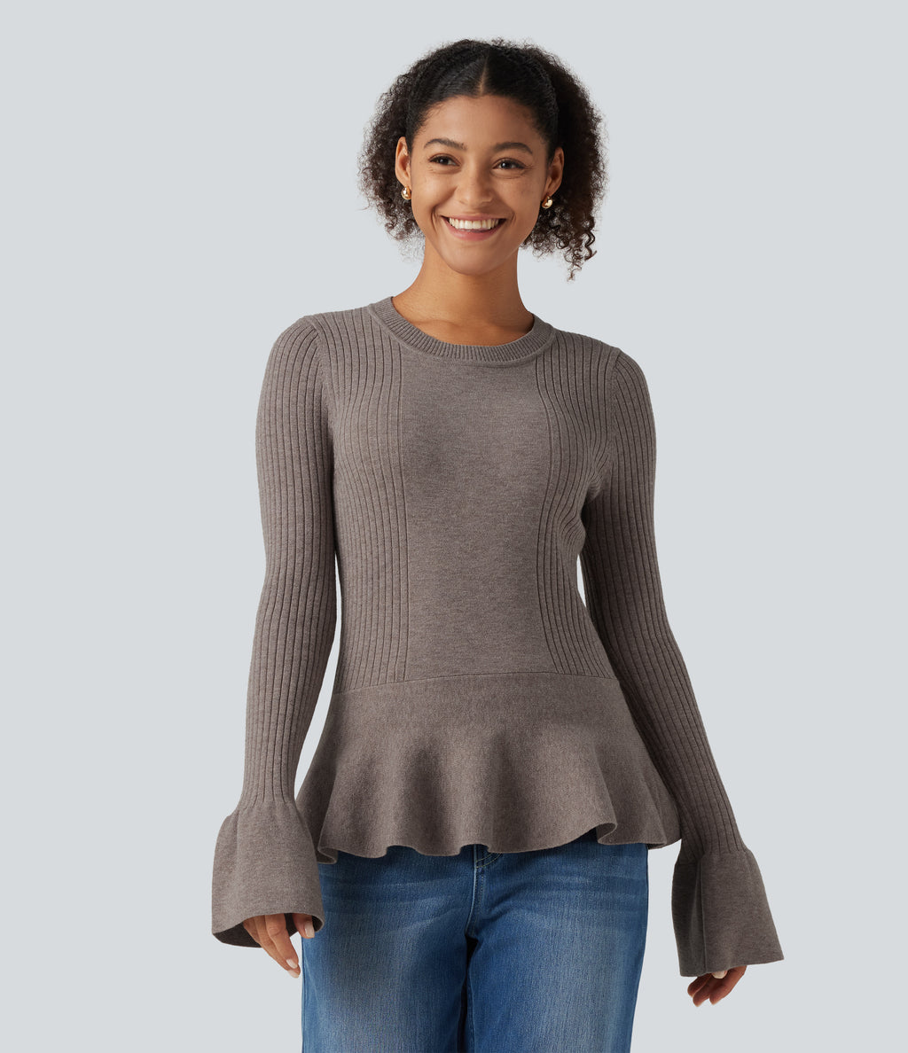 Round Neck Long Sleeve Ruffle Hem Slim Work Jumper — Cinder — view 4