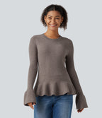 Round Neck Long Sleeve Ruffle Hem Slim Work Jumper — Cinder — view 4