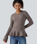 Round Neck Long Sleeve Ruffle Hem Slim Work Jumper — Cinder — view 1