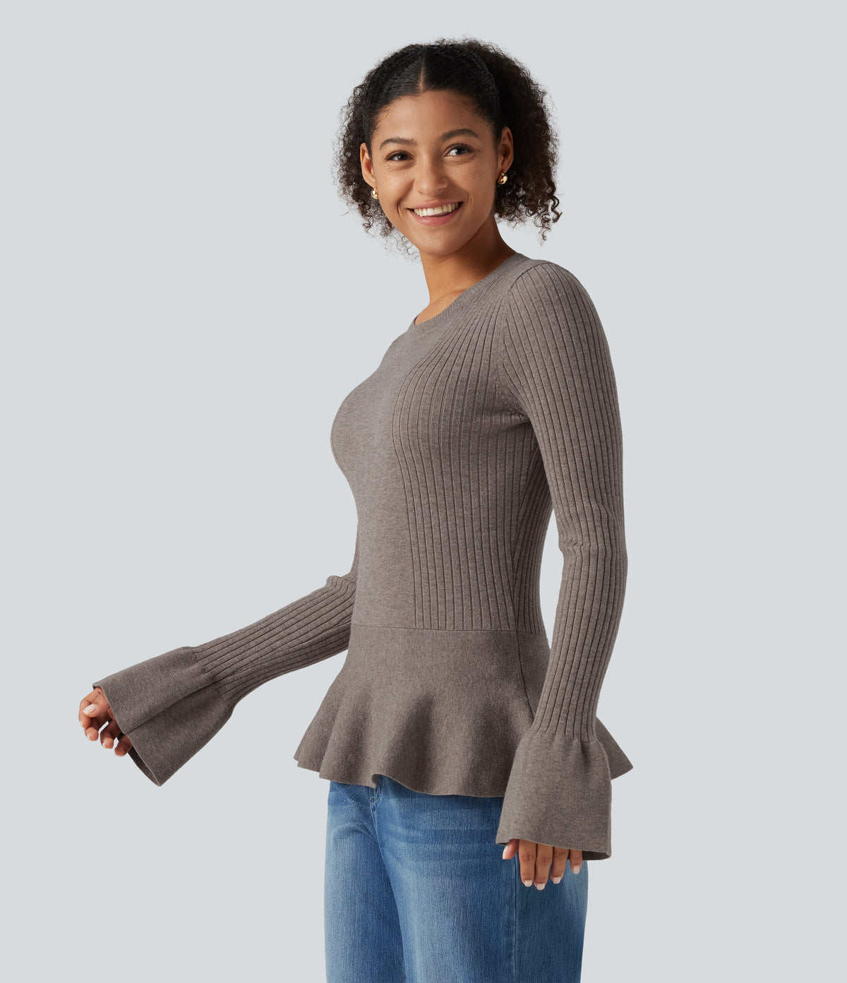 Round Neck Long Sleeve Ruffle Hem Slim Work Jumper — Cinder — view 3