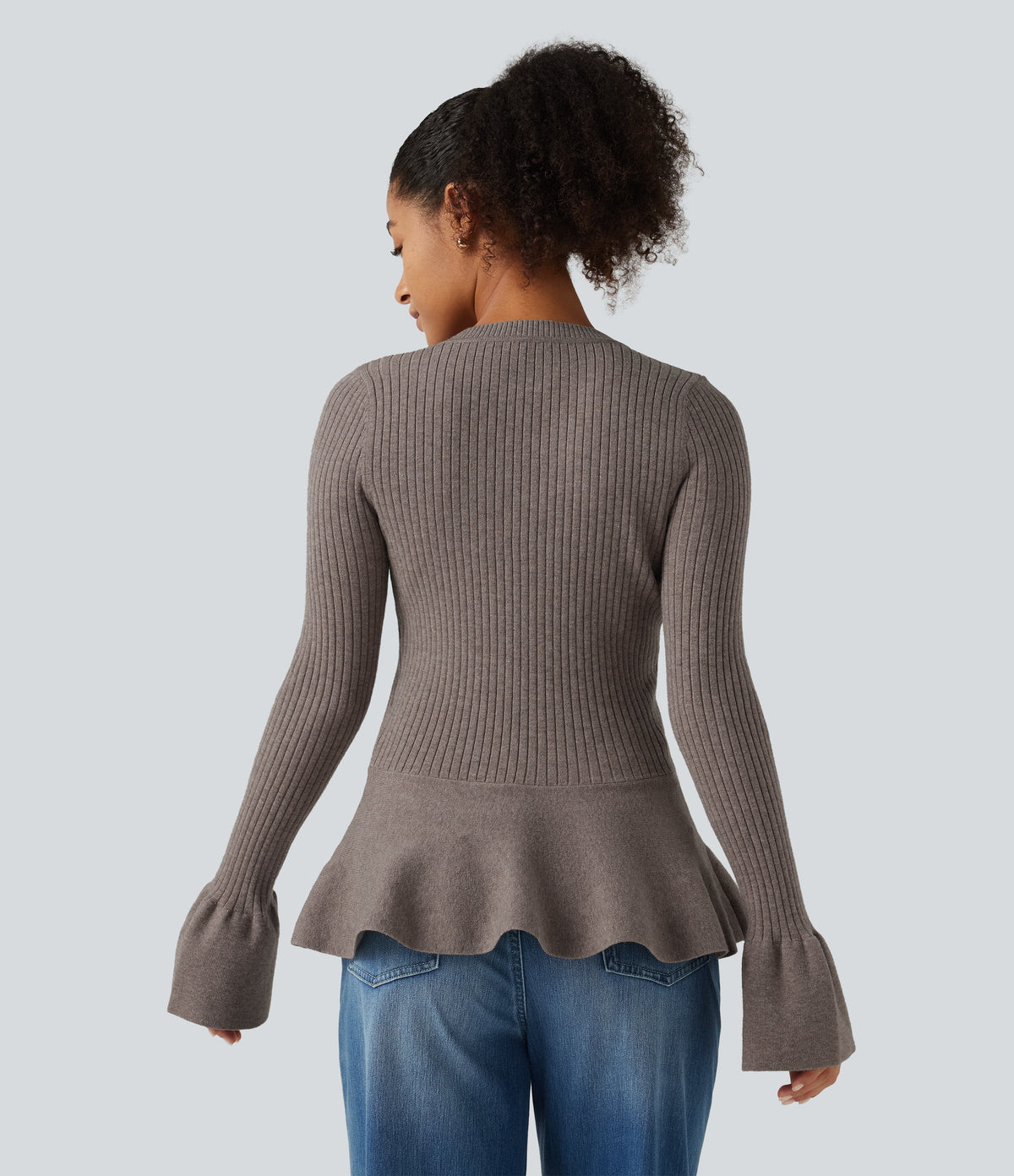 Round Neck Long Sleeve Ruffle Hem Slim Work Jumper — Cinder — view 2