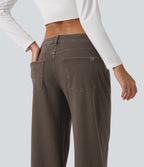 Low Rise Wide Leg Casual Jeans with Pockets — Cocoa Dune Brown — view 7