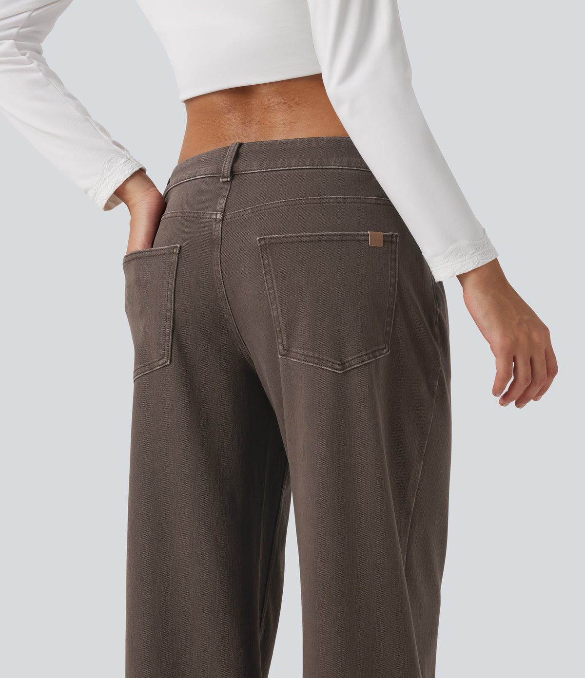 Low Rise Wide Leg Casual Jeans with Pockets — Cocoa Dune Brown — view 7