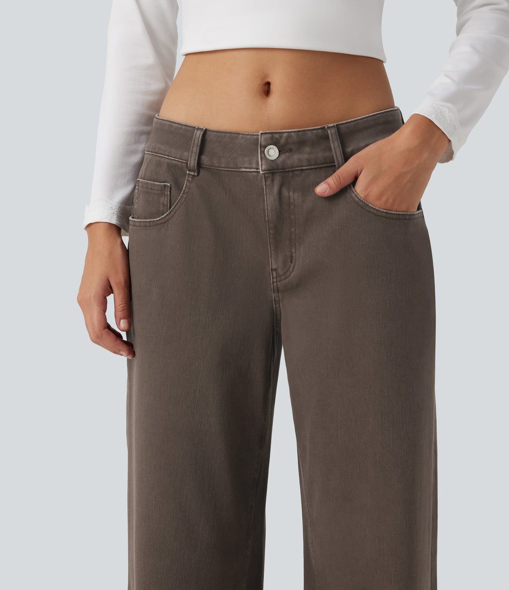 Low Rise Wide Leg Casual Jeans with Pockets — Cocoa Dune Brown — view 6