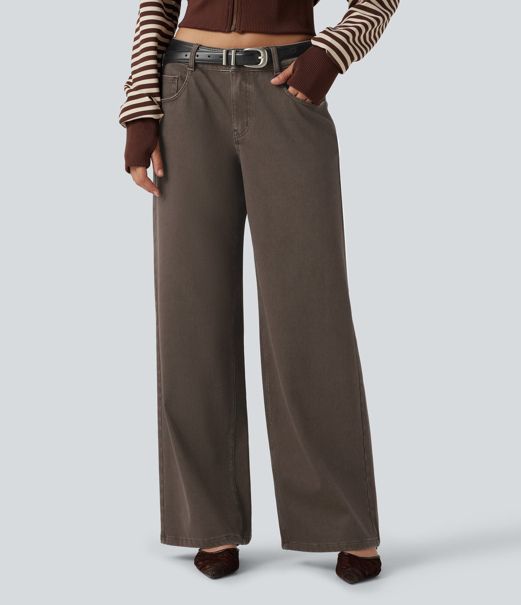 Low Rise Wide Leg Casual Jeans with Pockets — Cocoa Dune Brown — view 4