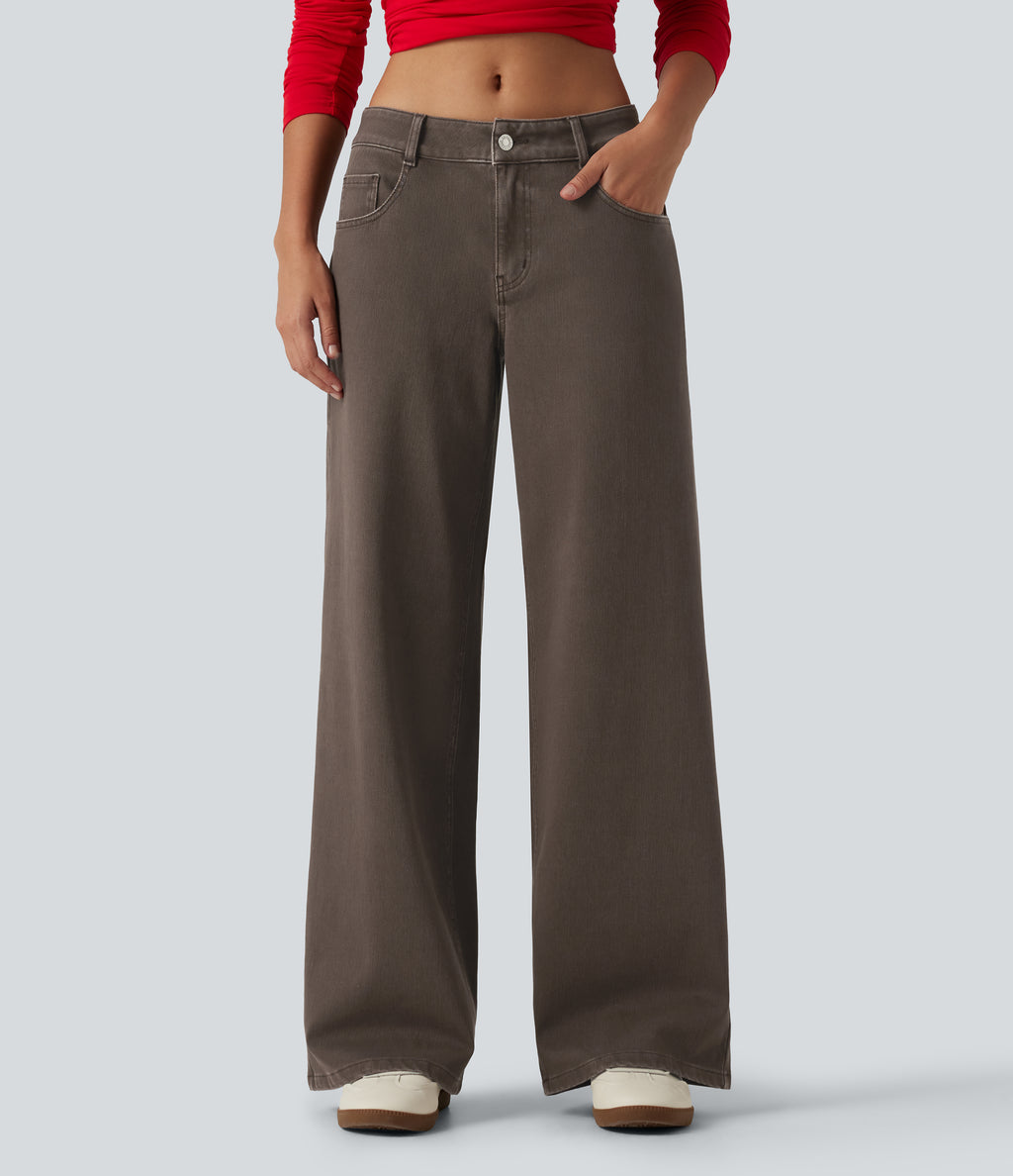 Low Rise Wide Leg Casual Jeans with Pockets — Cocoa Dune Brown — view 5