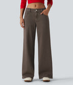 Low Rise Wide Leg Casual Jeans with Pockets — Cocoa Dune Brown — view 5