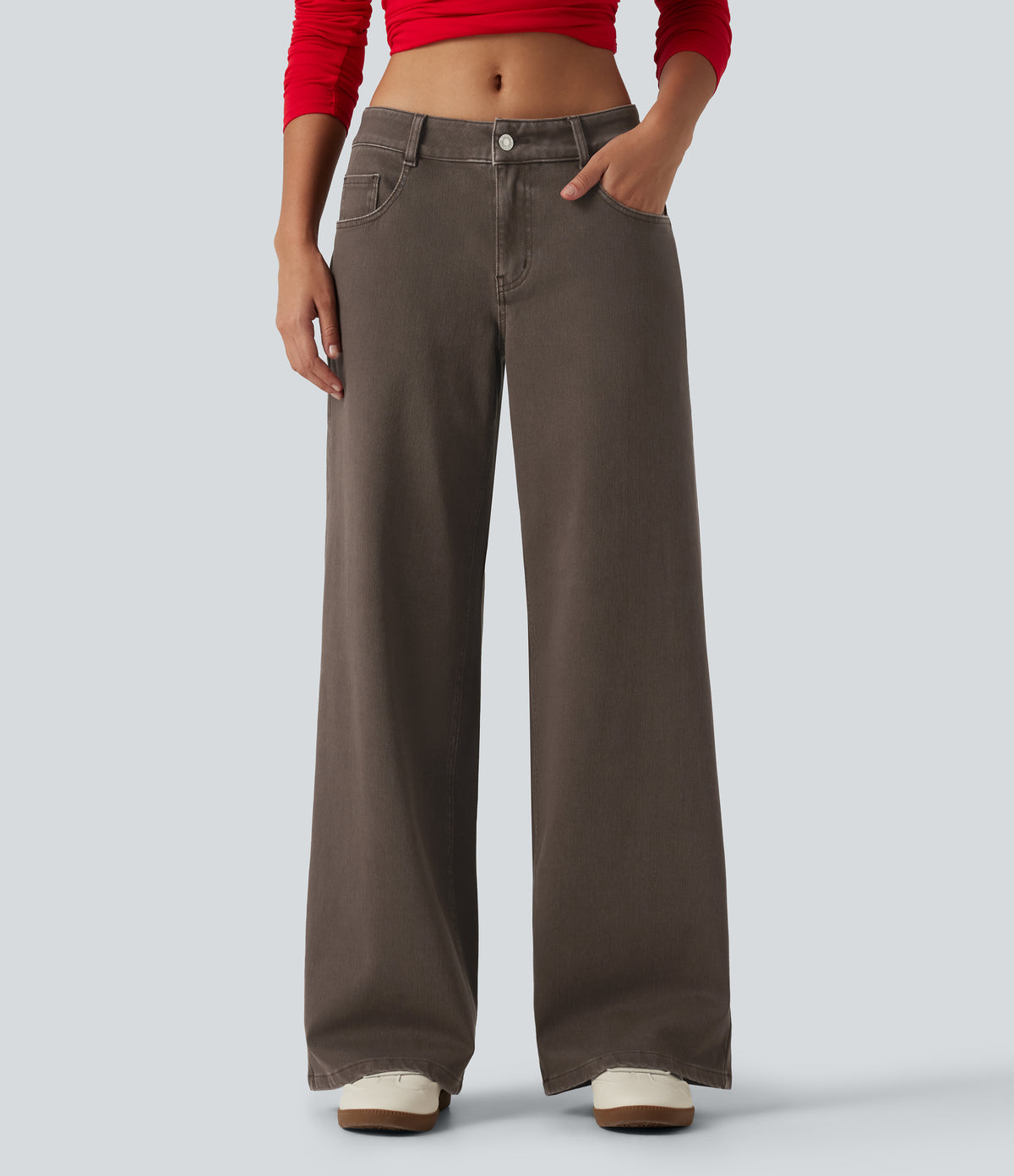 Low Rise Wide Leg Casual Jeans with Pockets — Cocoa Dune Brown — view 5