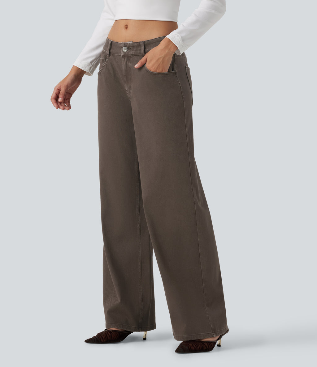 Low Rise Wide Leg Casual Jeans with Pockets — Cocoa Dune Brown — view 3